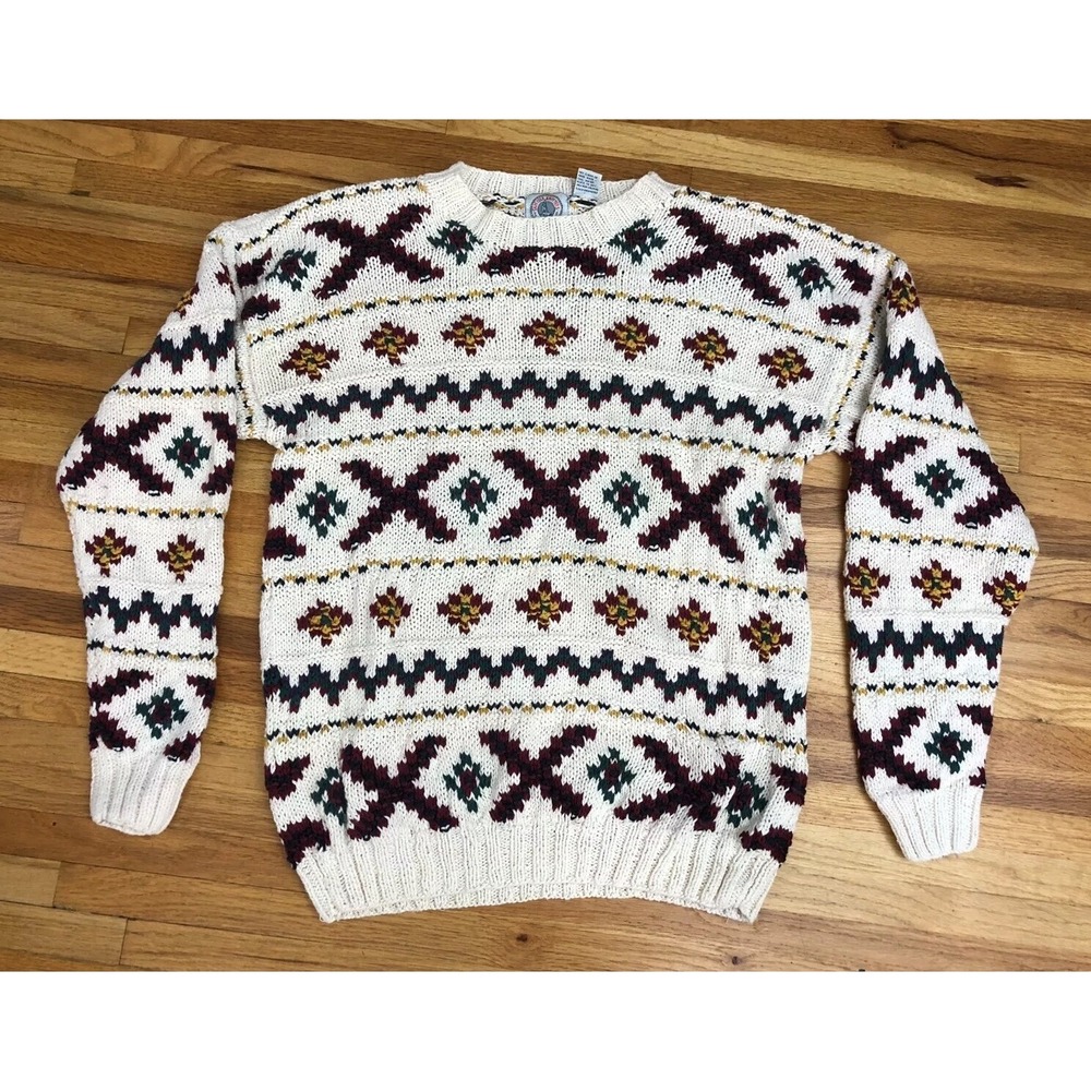 Cape Isle Knitters Men's Sweater White Geometric‎ Cotton Pullover Vintage Winter